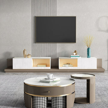 Modern White & Coffee TV Stand with Extendable Drawers